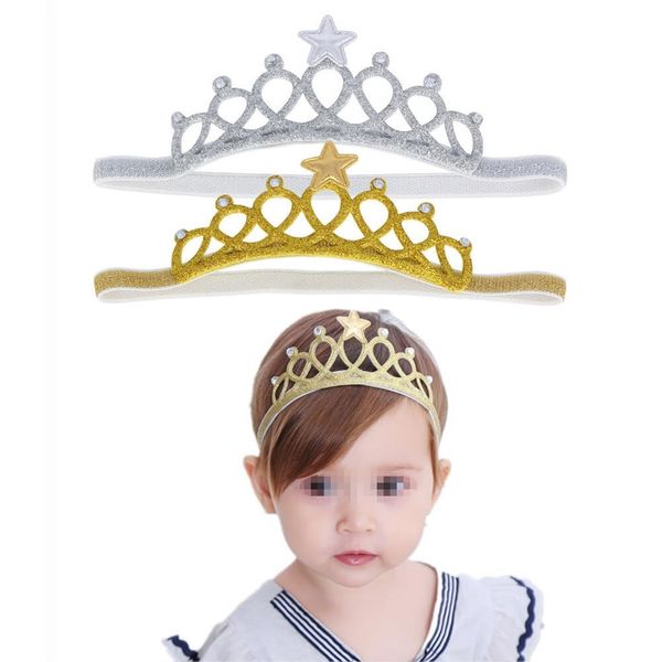 2PCS Crown Headbands Elastic Tiara Birthday Headband Soft HeadWrap Princess Headpiece Girl Hair Accessories for Birthday Party Photography Gold and silver