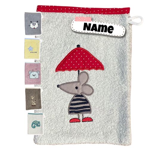 Baby Wash Mitt Personalised | 15 x 20 cm | Wash Cloth Children with Name Embroidered | 100% Cotton | Terry Cloth | Baby Gifts (Mouse Grey)