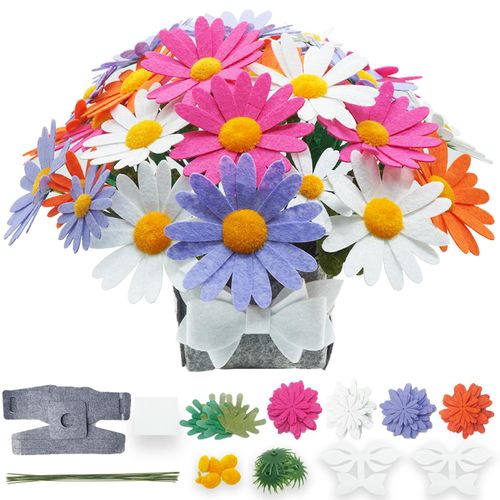 BAZIMADIY Felt Flower Art Craft Kit,DIY Felt Daisy Bouquet Kit, 32 Daisy,Floral Gifts,Beginner Craft Kit,Arrange Pre-Cut Felt Flowers and Foliage (Colorful)