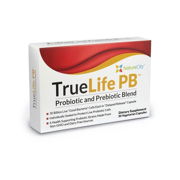 NatureCity True-Life-PB Shelf Stable Blend Prebiotics and Probiotics for Women and Men - Digestive Gut Health Supplements for Women and Men - Dairy Free - (30 Veggie Capsules)