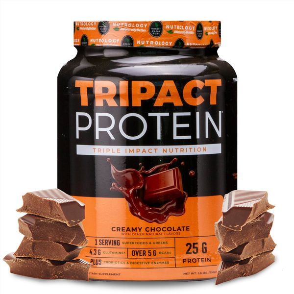 Nutrology TRIPACT Protein Powder, Creamy Chocolate Flavor, 7-in-1 Meal Replacement Shake with Grass Fed Whey Protein Powder, Pea Protein Powder, Greens, Probiotics & BCAAs, 20 Servings