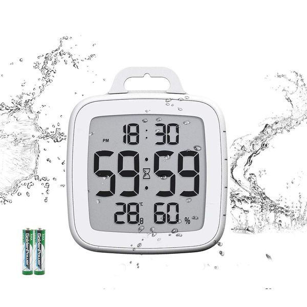 LXSZRPH Shower Clock Digital Kitchen Bathroom Countdown Clock Timer, Waterproof for Water Splashes, Temperature Humidity Display, Standing Wall Clock for Shower Cooking Study Makeup (White)