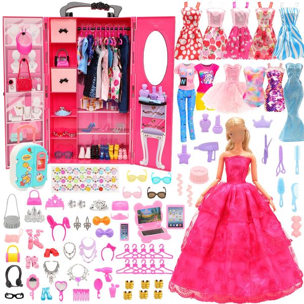 Miunana 11.5 Inch Girl Doll Wardrobe Set 114 PCS Clothes and Accessories Wedding Dress Fashion Sequin Dresses Swimsuit with Butterfly Wings Pajama Casual Wear Outfit Top and Pants and Doll Shoes