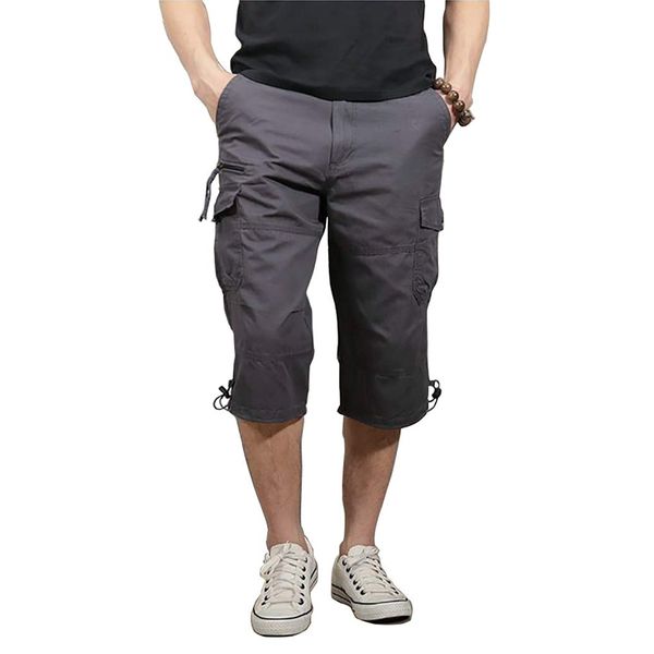 Kolongvangie Men¡¯s Casual Twill Elastic Cargo Shorts Below Knee Loose Fit Multi-Pockrt Capri Long Summer Short