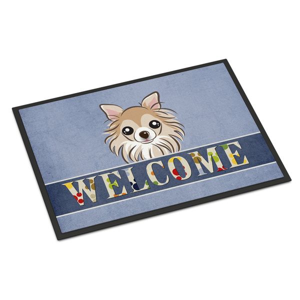 Caroline's Treasures BB1437MAT Chihuahua Welcome Doormat 18x27, Blue Front Door Mat Indoor Outdoor Rugs for Entryway, Non Slip Washable Low Pile, 18H X 27W