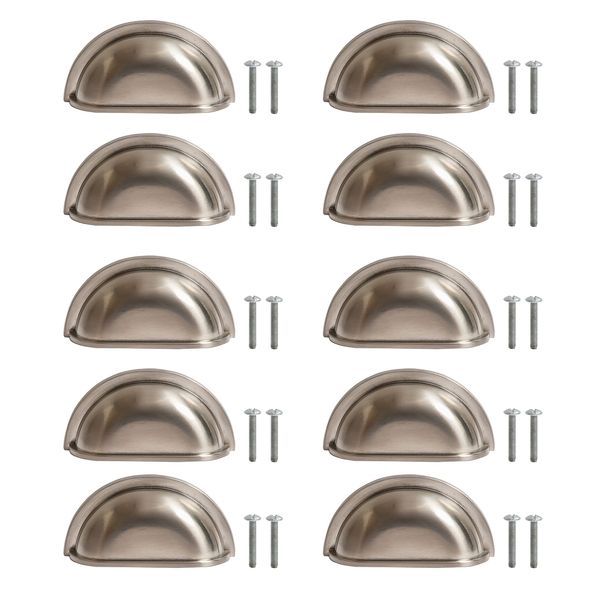 HARMAC HOUSE Cabinet Cup Handles 10 Pack Shell Shape Cupboard Drawer Pull Cup Handles, 3 Inch/76mm Screw Spacing, Kitchen Cupboard, Bedroom Dresser, Bathroom Wardrobe Pull Handles (Brushed Nickel)