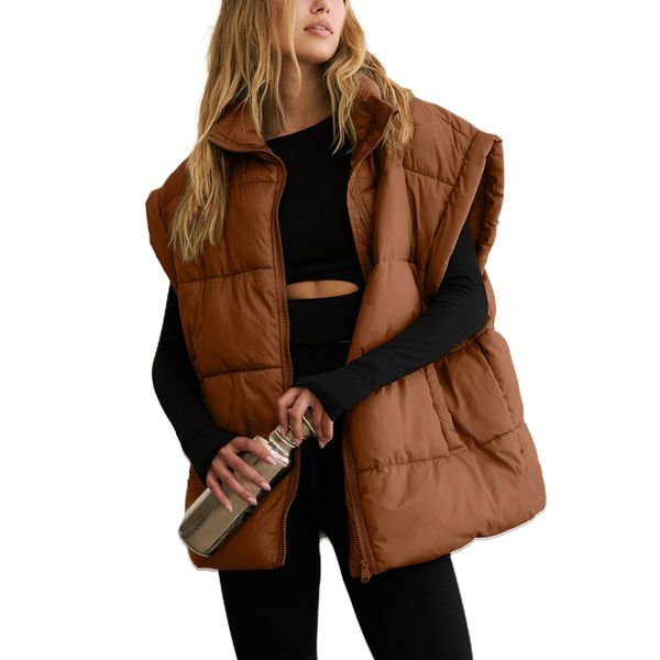 APAFES Women Winter Oversized Puffer Vest Quilted Lightweight Stand Collar Flysleeve Insulated Padded Puffy Jackets Coat with Pockets(871-Brown-XL)