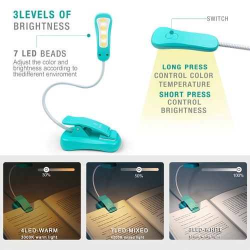 Vekkia Rechargeable Book Light for Reading in Bed, 3 Color x 3 Brightness, Lightweight Reading Light, Up to 70 Hours Lighting, Perfect for Readers, Travel (Blue)