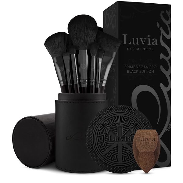 Luvia Prime Vegan Pro Make-Up Brush Set, Black, 12 Makeup Brushes Including Brush Storage, Blender Sponge & Cleaning Mat for Cosmetic Brushes, Black & Rose Gold