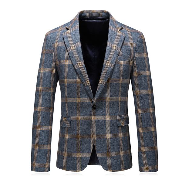 Mens Casual Plaid Blazer Jacket Slim Fit Sports Coat One Button Tuxedo Jacket for Men Yellow Blue