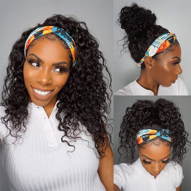 Curly Headbands Wigs Natural Black 24" Bouncy Wavy Wig Remy Human Hair Half Wig for Women 150% Density Glueless Wig With Combs and Elastic Bands Can Be Restyle