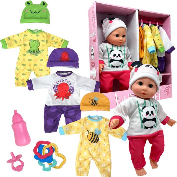 Soft Body Baby Doll with Accessories & 4 Sets of Animal Outfits, Realistic Baby Doll with Clothes & Toys, 14 Inch Baby Doll Play Set Wardrobe Closet, Baby Dolls for Girls, Kids Gift for 3 4 5 Year Old