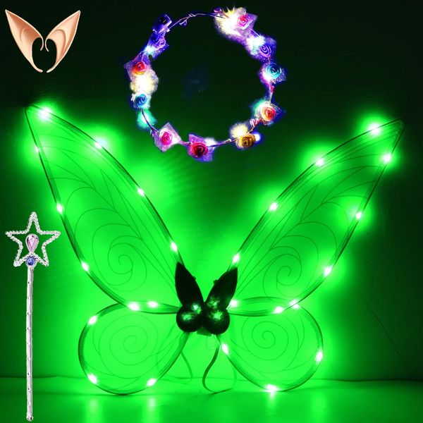 Fairy Wings Luminous Adult, LED Headband and Stars Fairy Sticks, Elf Wings Women, LED Wings Children, Fairy Wings Adults, Butterfly Wings Children, Wings Costume for Fancy Dress or Fairy Theme Parties