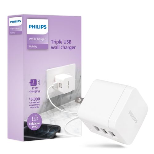 Philips iPhone USB Wall Charger Block, 17W USB A Charger, 3-Port USB A Charging Block for iPhone 14 Series, 13 Series, 12 Series, iPad, Power Adapter Cube, Foldable Plug USB Charging Box, DLP2408/37