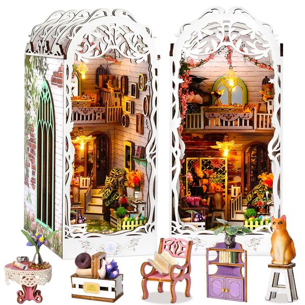 PeaZeLee Book Nook Kit, DIY Book Nook Kits for Adults, 3D Wooden Puzzle Bookshelf Decor with LED Light, Wooden Bookend Craft Presents-Garden House