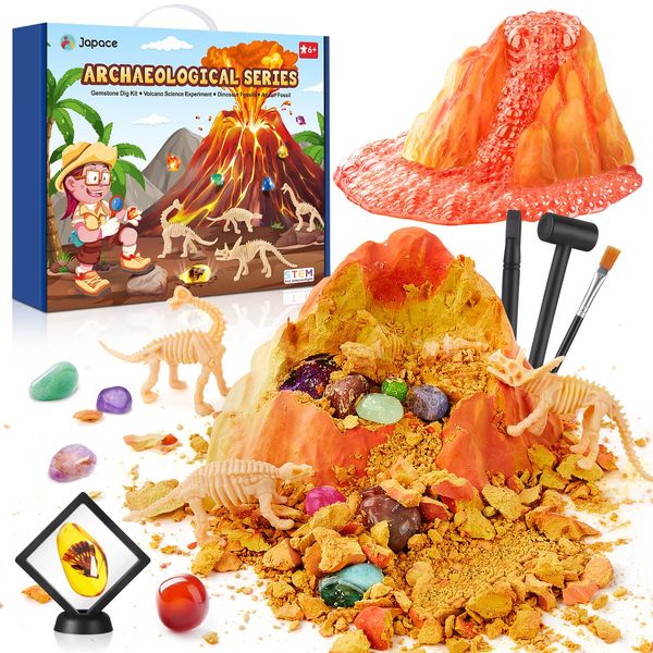 Japace Gemstone Dig Kit, Dinosaurs & Amber Excavation Kits for Kids, Volcano Digging Kit Set, Dig for Gems, Dinosaur Fossils and Amber, Educational Toy for 6 7 8 9 + Year Old Boys Girls Gifts