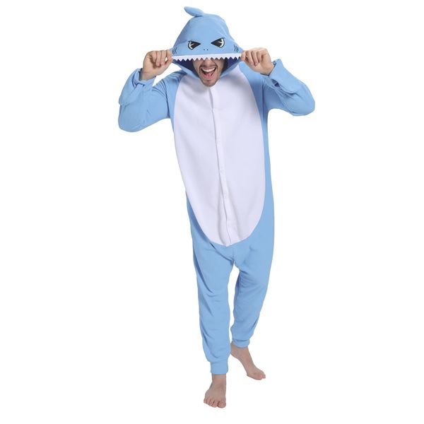 Focupaja Shark Pajamas Adult Animal Cosplay Costume Shark One Piece Pajamas Cartoon Homewear Sleepwear Shark Onesie Pajamas for Women Men(Blue-M)