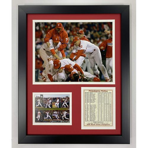 Legends Never Die Philadelphia Phillies 2008 MLB World Series Champs Collectible | Framed Photo Collage Wall Art Decor - 12"x15", Model: 11369U Black