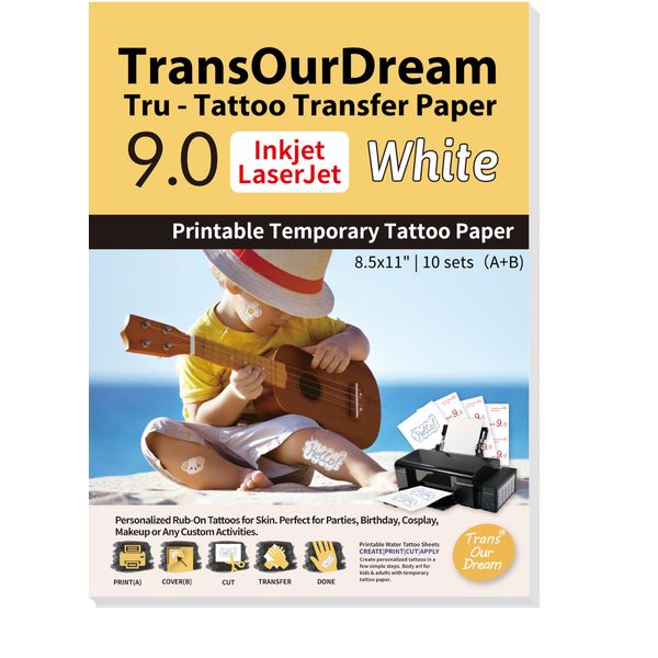 TransOurDream White Printable Temporary Tattoo Transfer Paper for Inkjet & Laser Printer (A+B per Set, 10 Sets, 8.5x11") DIY Personalized Waterproof Temporary Tattoos for Skin (TAT9-10)