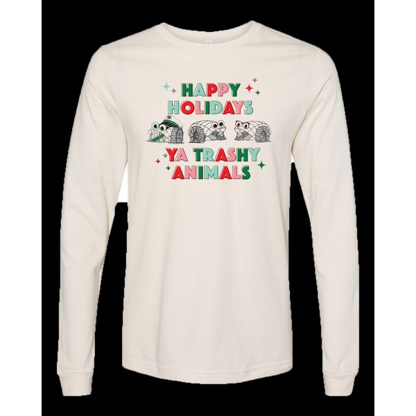 Happy Holidays Ya Trashy Animals (Natural) / Long Sleeve Shirt - Large / Beige