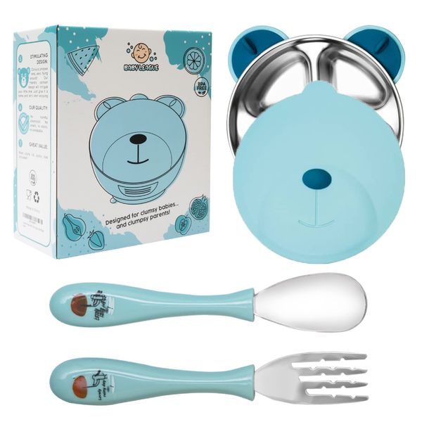 Baby League Steel Plate and Suction Bowl Set - Tableware - Divider Plate with Separations, Spoon, Fork and Lid - Stay Put, Toddler Feeding, Self Weaning, Kids Gift, Non Toxic