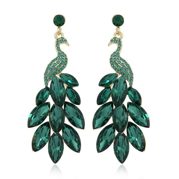 Vintage Peacock Dangle Earrings for Women Girls 14K Gold Plated Green Crystal Feather Peafowl Statement Drop Dangling Stud Earring Boho Exaggerated Birthday Holiday Jewelry Gifts