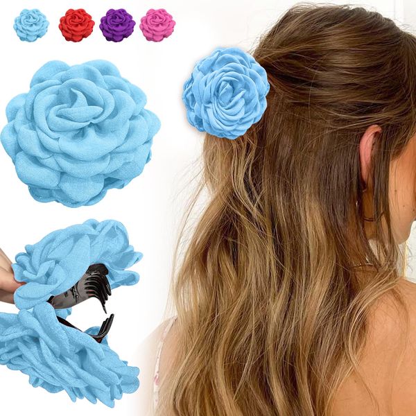 Rose Blumen Haarspangen, Haarclip Blume Mehrfarbig, Flower Hair Clips für Frauen Mädchen, (Blau,Ca.9cm)