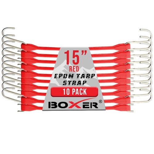 Boxer 15” Red Color Rubber Bungee Cords 10 Pack – Heavy Duty 100% EPDM Bungee Straps with S Hooks – Wider & Stronger, Water Proof, UV Stable