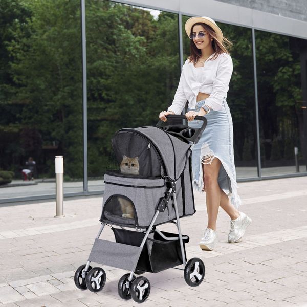 Dog Cat Stroller Cat Folding Travel Cart for Small Medium Pets Foldable Gray