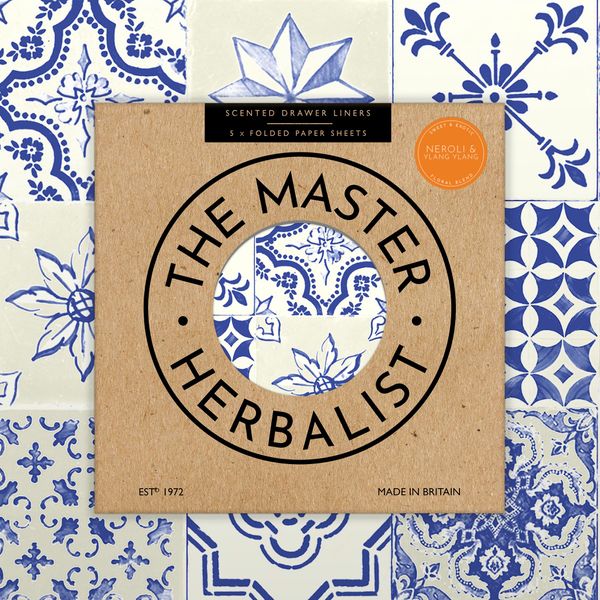 The Master Herbalist Fragrant NEROLI & YLANG YLANG Scented Drawer Liners with a Portuguese Tile Pattern (FOLDED) | Pack of 5 Sheets | Contains Essential Oils | Made in the UK