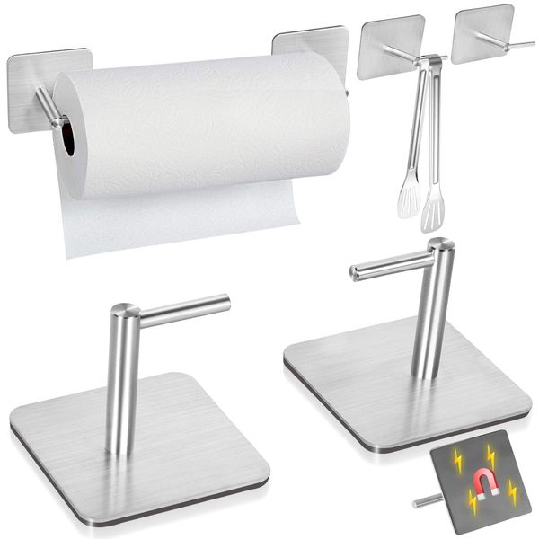 Wowfill Kitchen Paper Holder, Magnet, Fine Paper Holder, Paper Towel Holder, Fridge, 304 Stainless Steel, Kitchen Storage, One-Handed Cut, Adjustable (2 Pieces - Magnet-Silver)