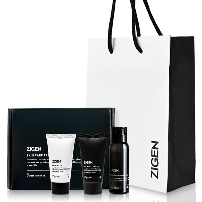 ZIGEN Men&#39;s Travel Gift Set with Paper Bag, Travel Size, Lotion, Face Wash, Facial Cleanser, Moisturizing, Sensitive Skin, Scalp Shampoo, Skin Care Set, Trial Skin Care, Sleepover Set, Travel Trial, All-in-One Gift, Birthday Gift