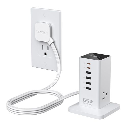 USB Charging Station for Multiple Devices PD 65W, TESSAN 9-in-1 USB C Charger Block for iPhone 16/15, MacBook, Tablet, Type C Desktop Charger with 3 AC, Home Travel Office Accessories, White