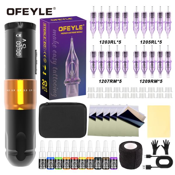 Wireless Tattoo Machine PRO Kit Adjustable Stroke 20pcs Cartridge Needle 1300mAh