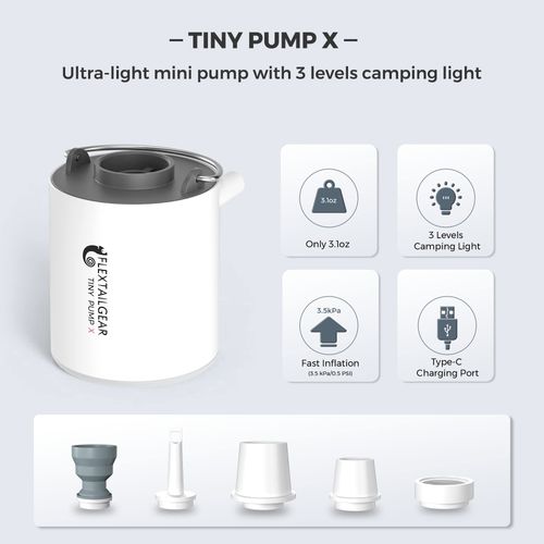 FLEXTAILGEAR Tiny Pump X Portable Air Pump + Camping Light Ultra-Mini Air Pump with 1300mAh Battery USB Rechargeable for Sleeping Pads Pool Floats Air Bed Air Mattress Swimming Ring (Grey - X)