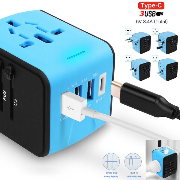 Universal World Travel Adapter 3 USB & Type-C Charger Wall Power Converter 3.4A