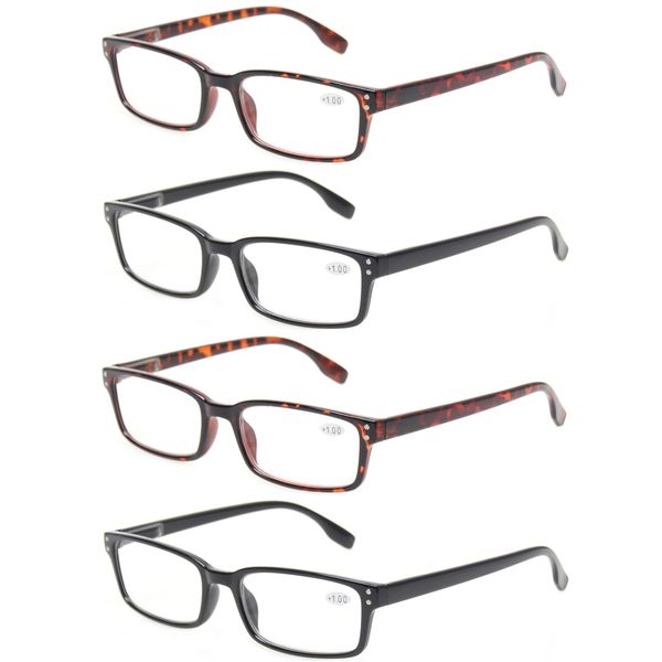 Kerecsen 4-Pack Rectangular Retro Style Men Reading Glasses Spring Hinges Comfortable Readers (+2.25, 2 Black 2 Tortoise)