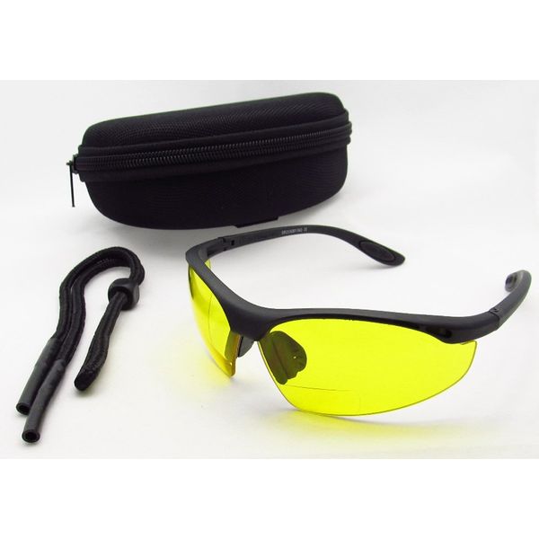 ANSI Z87.1 Motorcycle Yellow Bifocal Safety Glasses 2.50 for Men and Women. Half Framed Wraparound Style. Free Hard Case & Sunglass String