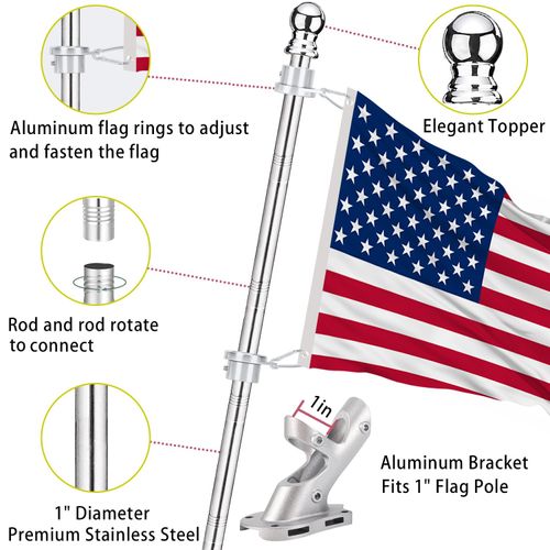 No Tangle Flag Pole Kit, 6ft Flag Pole for Outside House, Stainless Steel 1" Flagpole with Tangle Free Aluminum Flag Rings and Holder Mounting Bracket, 1 inch Flag Poles for 3x5 Flags Outdoor, 6 ft