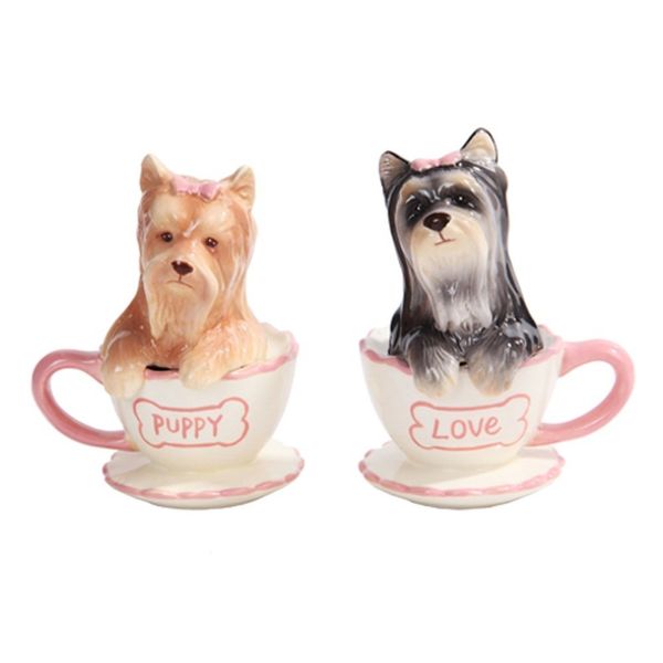 Pacific Trading Yorkie in Tea Cup Yorkshire Terriers Salt and Pepper Shakers Set