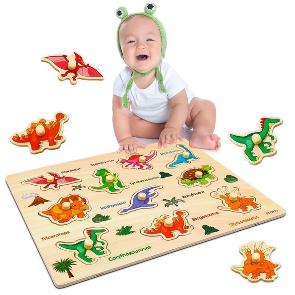 Wooden Peg Puzzles for 1 2 3 Year Olds, Educational Learning Kids Toys for Girls Boys Gifts, Birthday, Christmas, Easter and Children's Day (Dinosaurs)