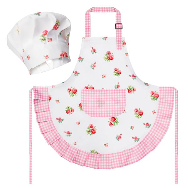 R HORSE Kid Apron and Chef Hat Set - 2Pcs Plaid Floral Adjustable Children Kitchen Apron, Dress up Role Play Chef Toy Cooking Baking Painting and Training Kit Kid Funny Cooking Birthday Gift for Girls