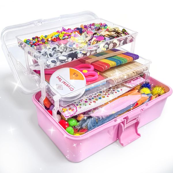 obqo 3000+ Pcs Art and Craft Box for Kids, Toddler Kids Craft Set Included Pipe Cleaners, Pom Poms, Feather, Folding Storage Box - All in One for Kids Craft Supplies (PINK)