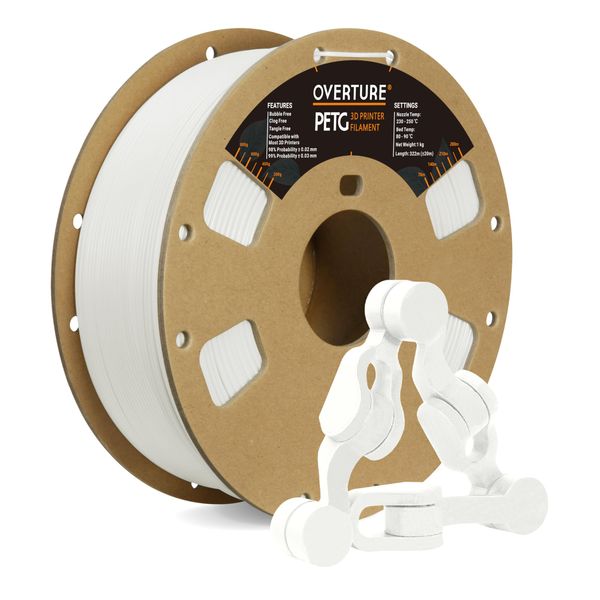 OVERTURE PETG 3D Printer Filament 1.75mm, 1kg Filament (2.2lbs), Dimensional Accuracy Probability +/- 0.02mm, Fit Most FDM Printers (White)