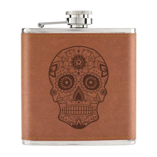 Black Sugar Candy Skull 6oz PU Leather Hip Flask Tan