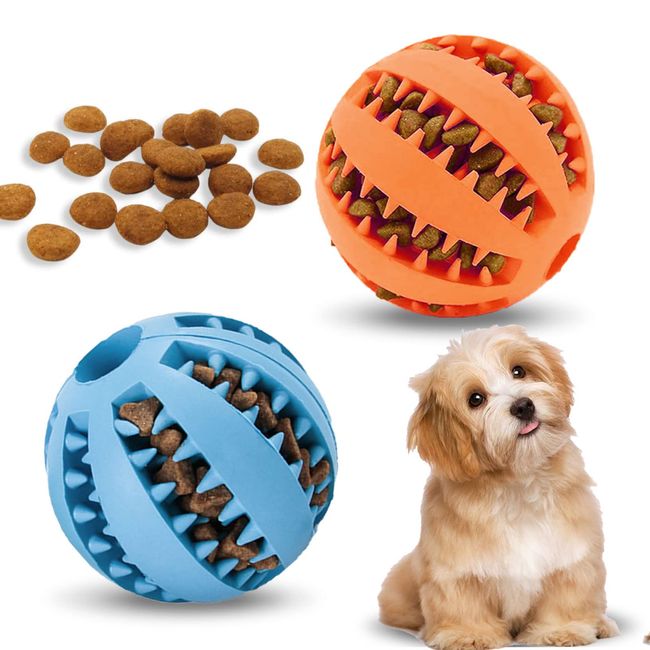 Vordpe Interaktiver Leckerli-Spender, Hundespielzeug, Ball, Spielzeug, Gummiball für Welpen, kleine Hunde, Langeweile, Zahnreinigung, IQ-Training, 6 cm, Blau, Orange, 2 Stück