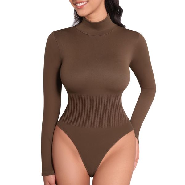 MANGOPOP Mock Turtleneck Long Sleeve Bodysuit Thong Shapewear Tummy Control Ribbed Seamless(Medium,Coffee)