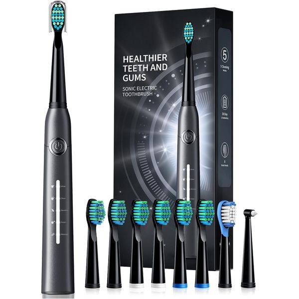 TEETHEORY Electric Toothbrush for Adults with 8 𝐁𝐫𝐮𝐬𝐡 𝐇𝐞𝐚𝐝𝐬, Sonic Electric Toothbrush with 40000 VPM Deep Clean 5 Modes, Rechargeable Toothbrushes Fast Charge 4 Hours Last 30 Days