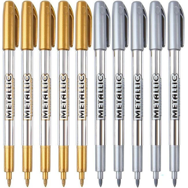 MyLifeUNIT Metallic Marker Pens, 10-Pack Metallic Gold Silver Permanent Markers, Fine Point (5 Gold 5 Silver)