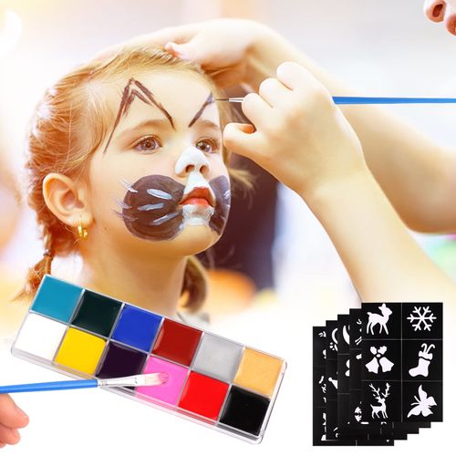 KEWUZY Face Body Paint, Body Painting, 12 Colori Pittura Corpo, Trucchi Truccabimbi Pittura Art Beauty Palette con 2 Pennelli 30 Stampini Tatuaggi per Carnevale Halloween Cosplay Feste